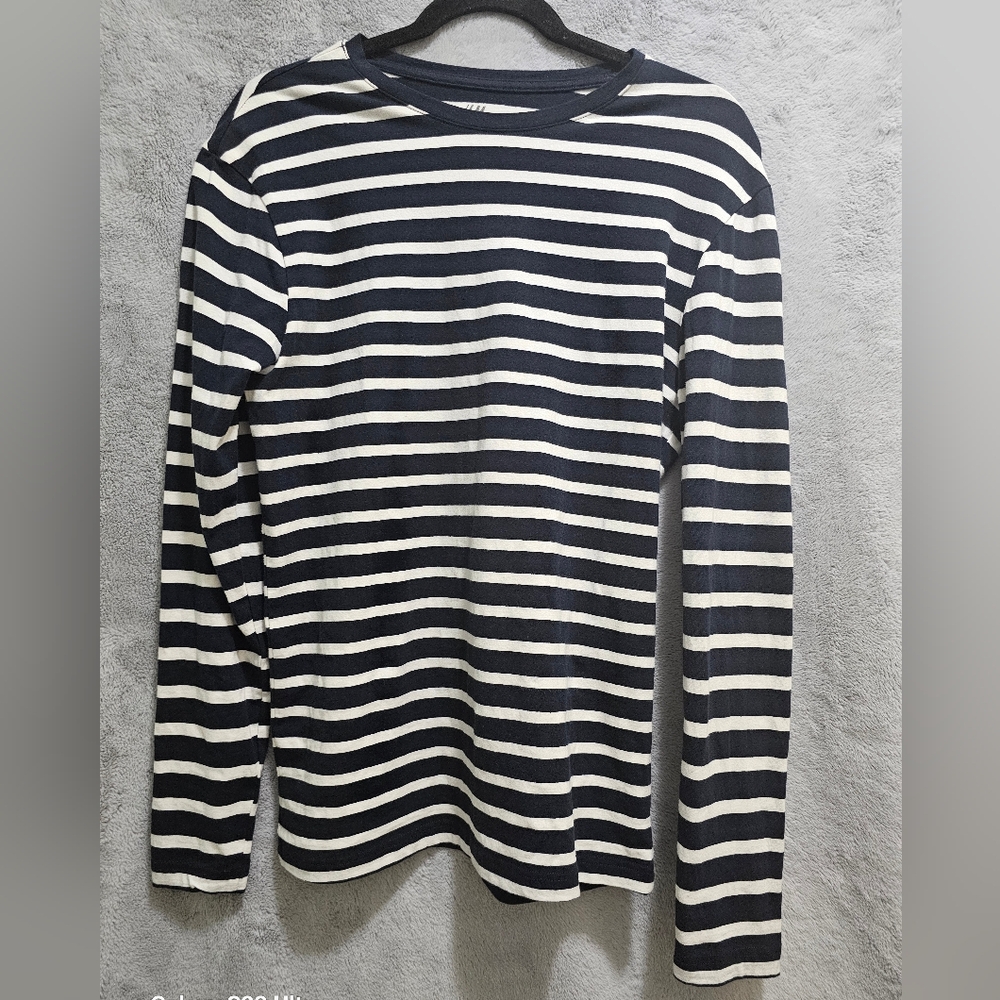 H&M Men's Long Sleeve Navy and White Stripe Shirt Slim Fit Size M
